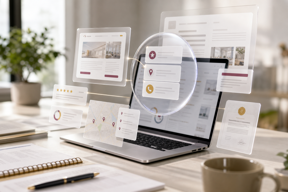Liquid glass AI marketing visual with citation, search, proof, and buyer-ready page objects on a real desk.