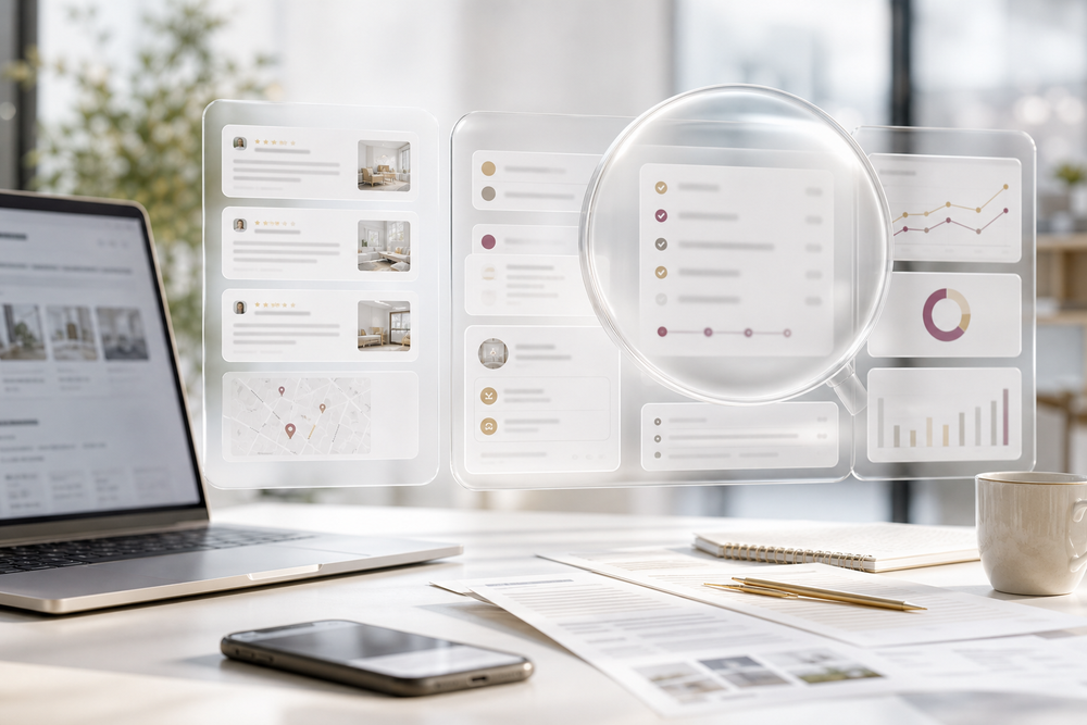 Liquid glass AI services visual with search, CRM, reporting, and revenue workflow objects on a real desk.