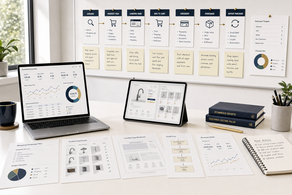 Ecommerce campaign board showing demand, product feed, landing page, cart, checkout, purchase, repeat purchase, channel mix, and revenue targets