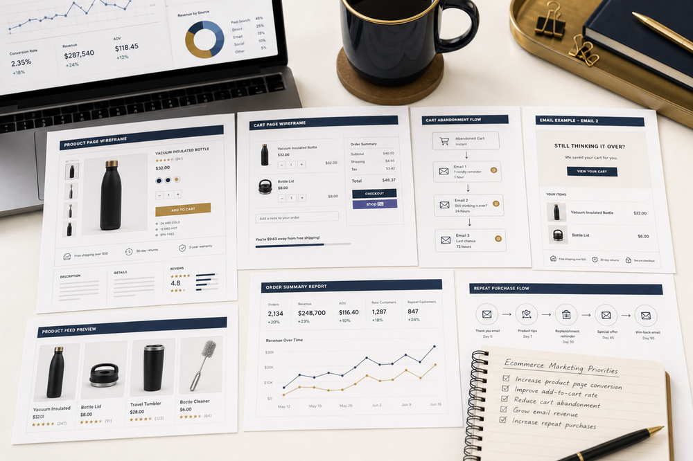 Ecommerce marketing desk showing product page wireframes, cart page, checkout, abandoned-cart email, repeat purchase flow, and revenue reporting
