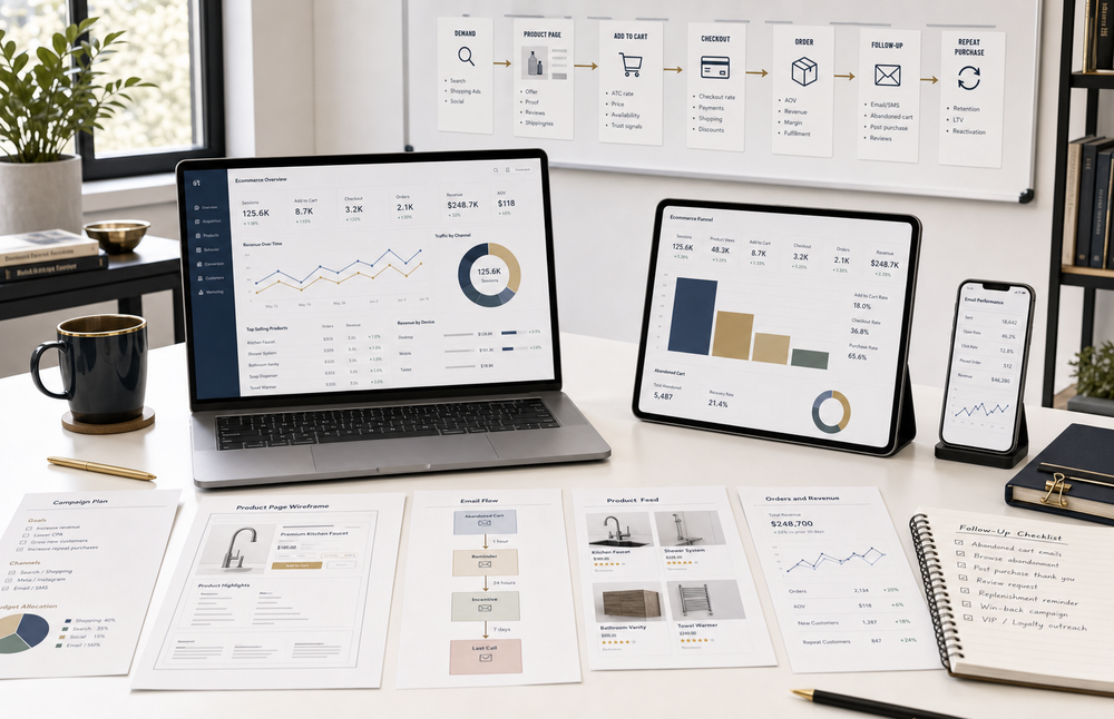 Ecommerce marketing workspace showing product pages, paid traffic, cart behavior, checkout, email follow-up, orders, repeat purchases, and revenue reporting