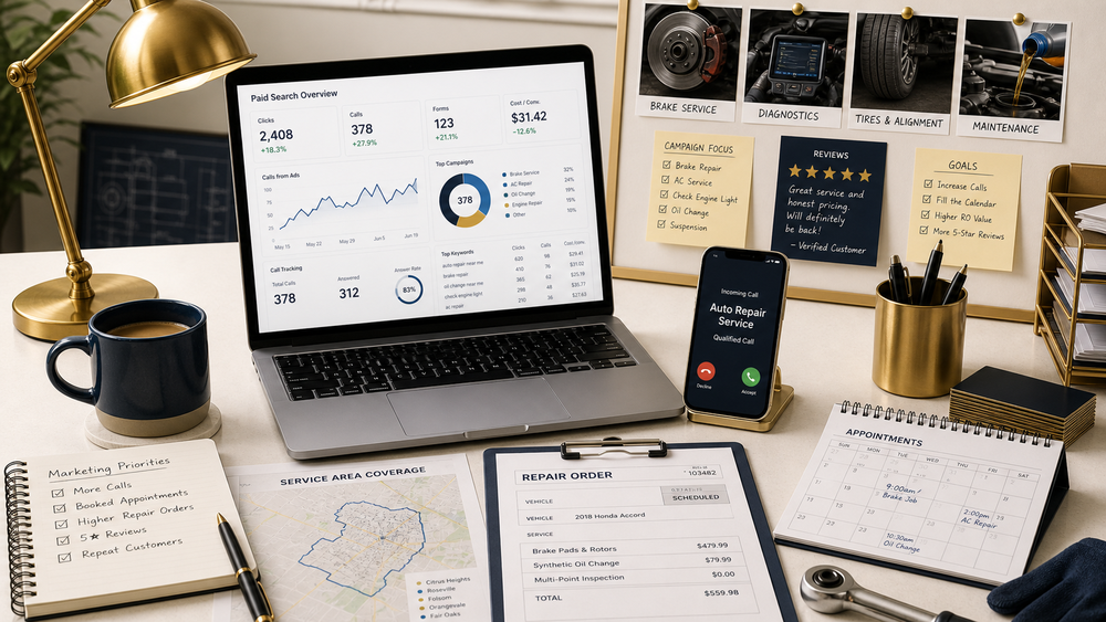 Auto repair Google Ads path connecting repair searches to calls, intake, local visibility, and booked service