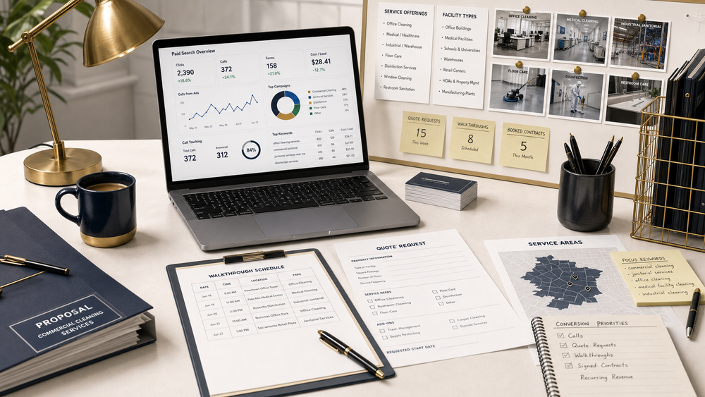 Commercial cleaning Google Ads path connecting commercial cleaning searches to calls, intake, local visibility, and booked walkthroughs