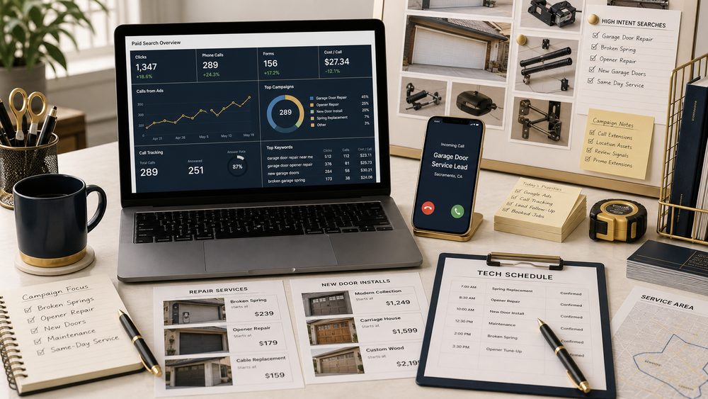 Garage door Google Ads path connecting repair searches to calls, intake, speed to lead, and booked jobs