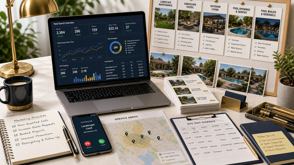 Landscaping and pool Google Ads path connecting project searches to calls, intake, RFQ follow-up, and booked quote requests