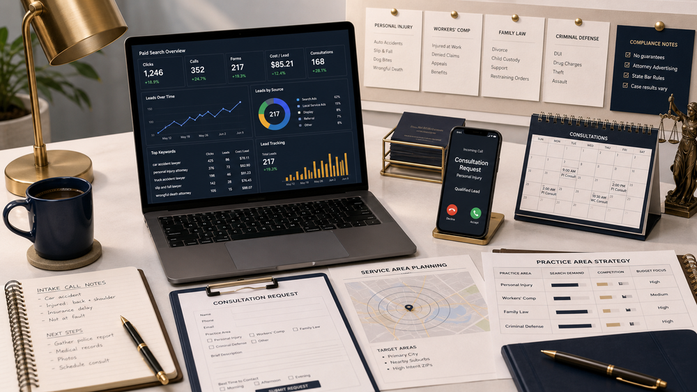 Law firm Google Ads path from practice-area searches to intake, consultation requests, and follow-up