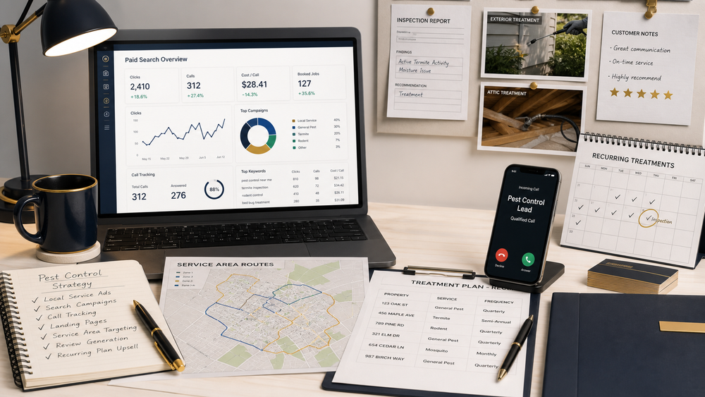Pest control Google Ads path connecting treatment searches to calls, intake, local visibility, and booked appointments