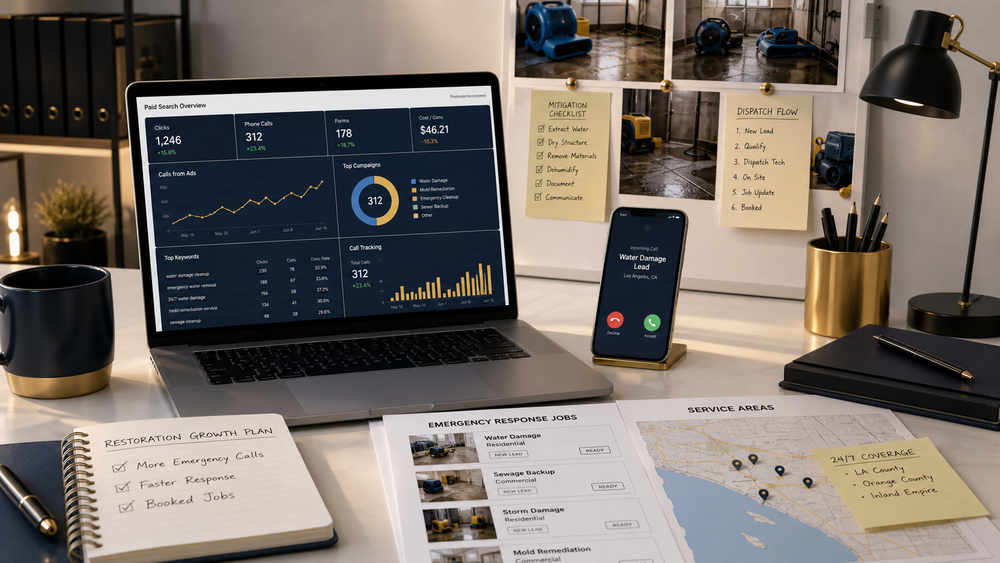 Restoration Google Ads path from emergency searches to calls, intake, and booked mitigation work