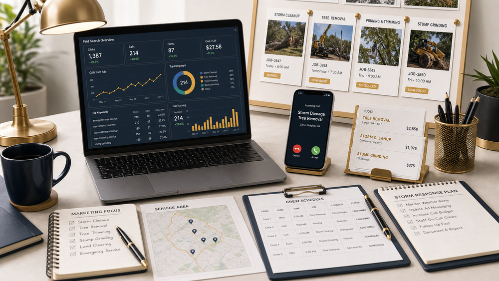 Tree service Google Ads path from removal searches to calls, intake, estimates, and booked crews