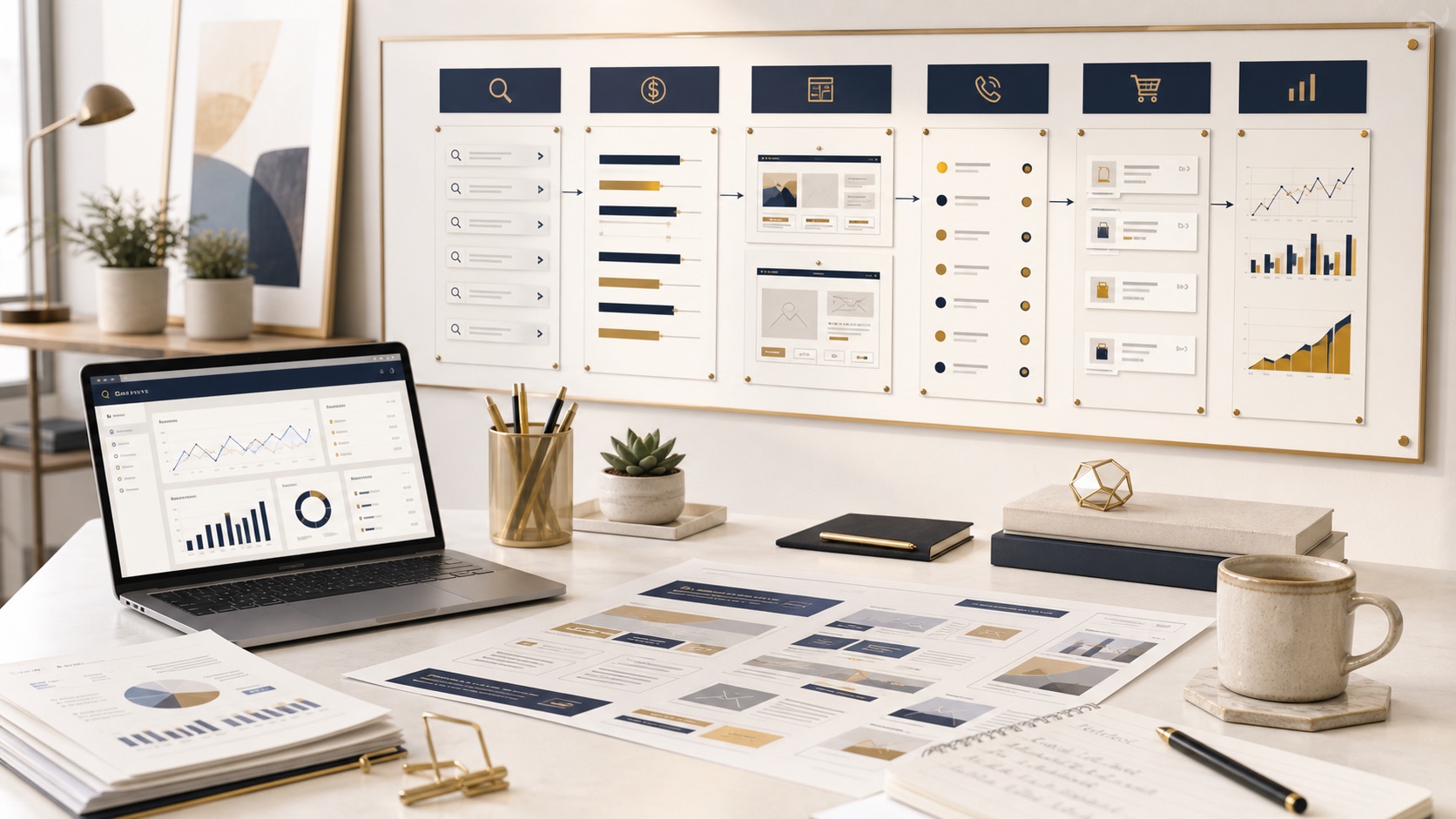 Google Ads management view connecting campaigns, landing pages, qualified inquiries, and revenue tracking