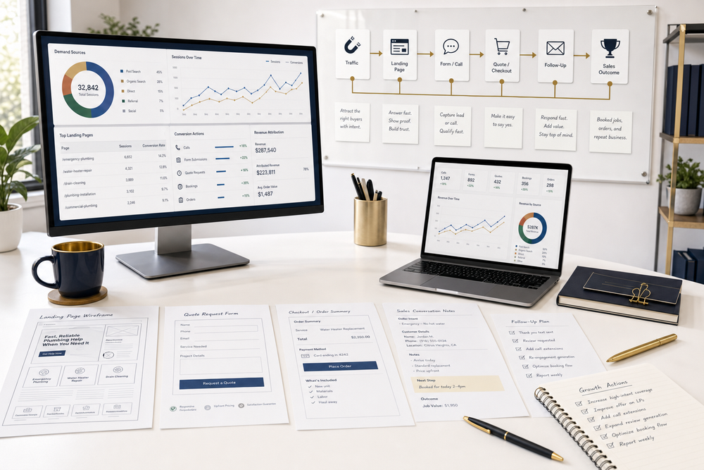 Revenue handoff command board showing traffic, pages, forms, calls, checkout, follow-up, and sales outcomes