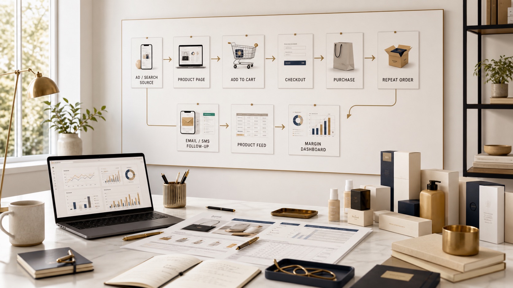 Shopify ecommerce marketing visual showing product pages, feed quality, ads, cart, checkout, purchases, repeat orders, tracking, email/SMS follow-up, margin, and revenue handoff