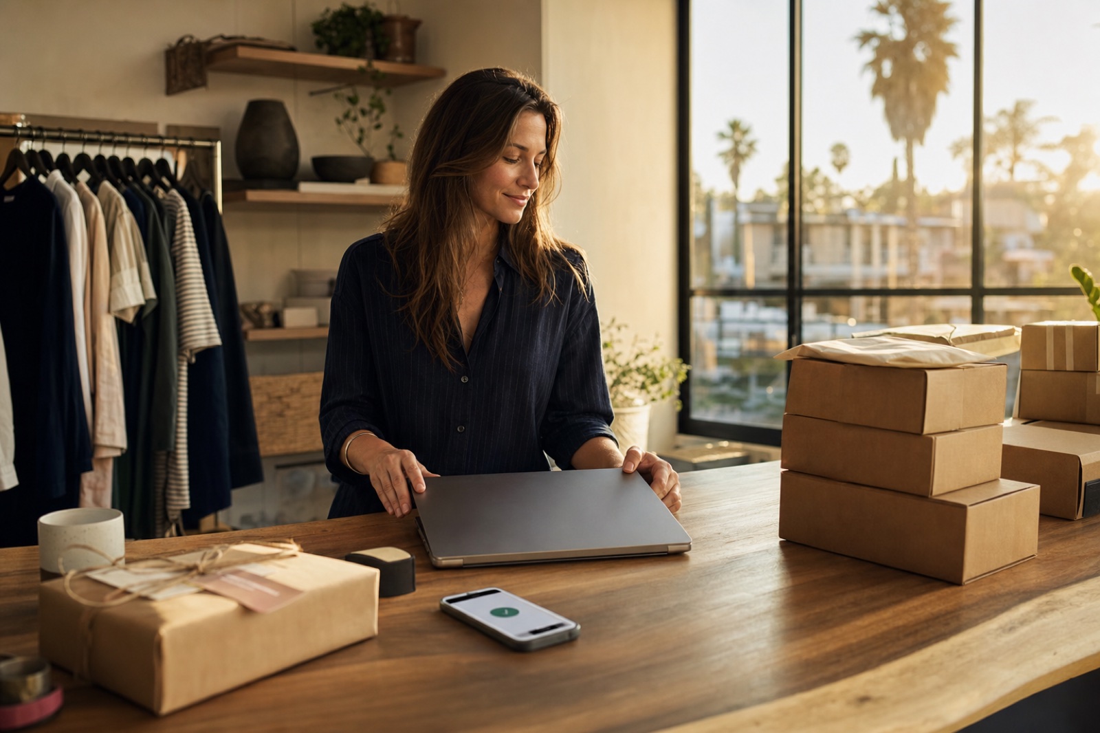 Shopify store operator calmly closing a laptop beside packed orders