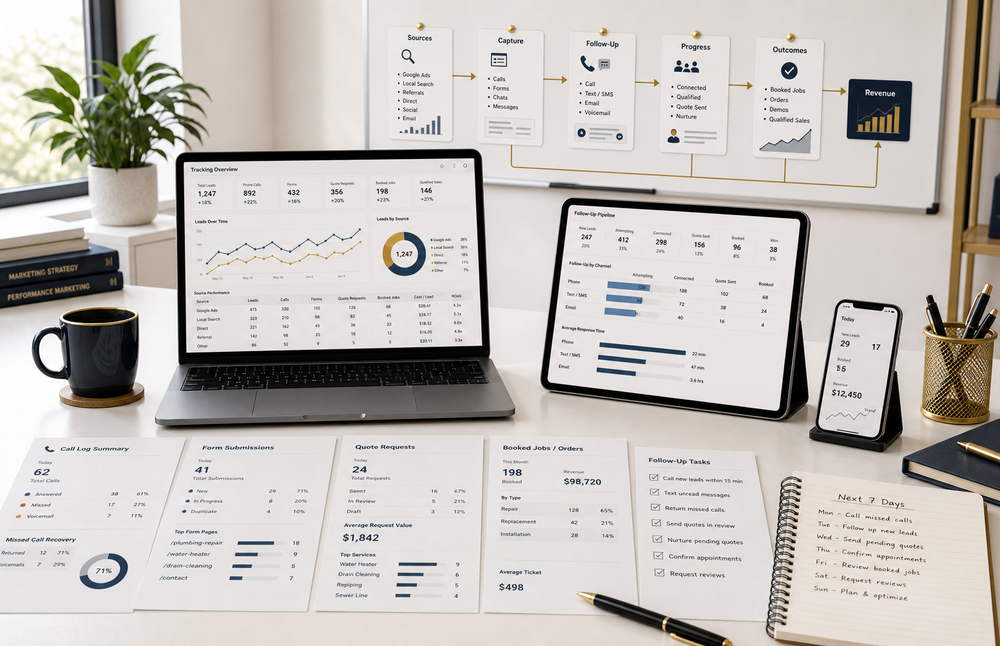 Tracking and follow-up workspace showing source data, calls, forms, CRM stages, quote requests, booked jobs, orders, demos, qualified sales, missed-call recovery, and revenue reporting