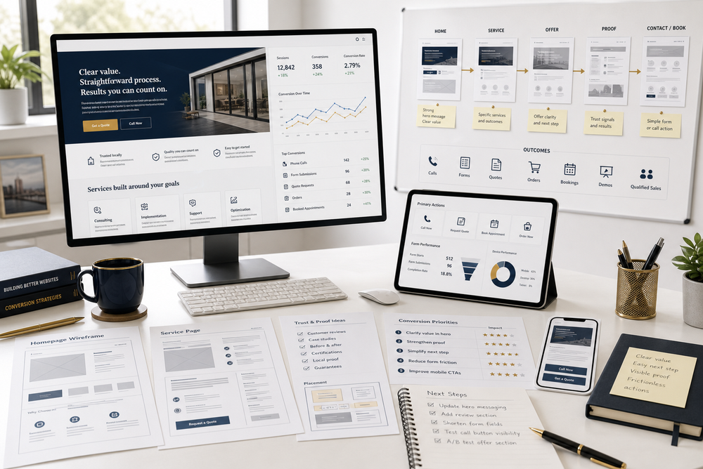 Website conversion workspace showing page hierarchy, proof, calls, forms, quote requests, orders, bookings, demos, qualified sales, and mobile buyer actions