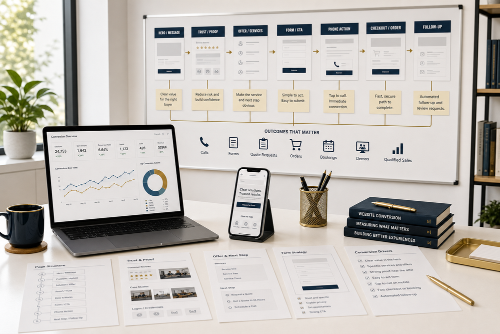 Website conversion command board showing message, trust, offer, form, phone action, checkout or order, follow-up, qualified inquiries, demos, and qualified sales