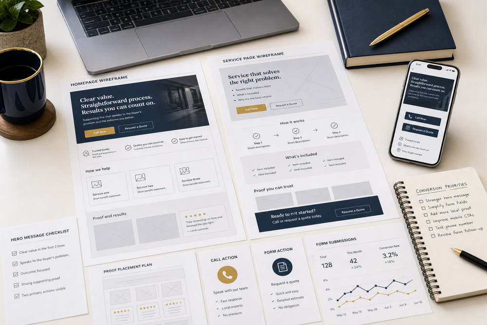 Website conversion desk showing homepage and service-page wireframes, mobile call and quote actions, proof placement, form submissions, and conversion priorities