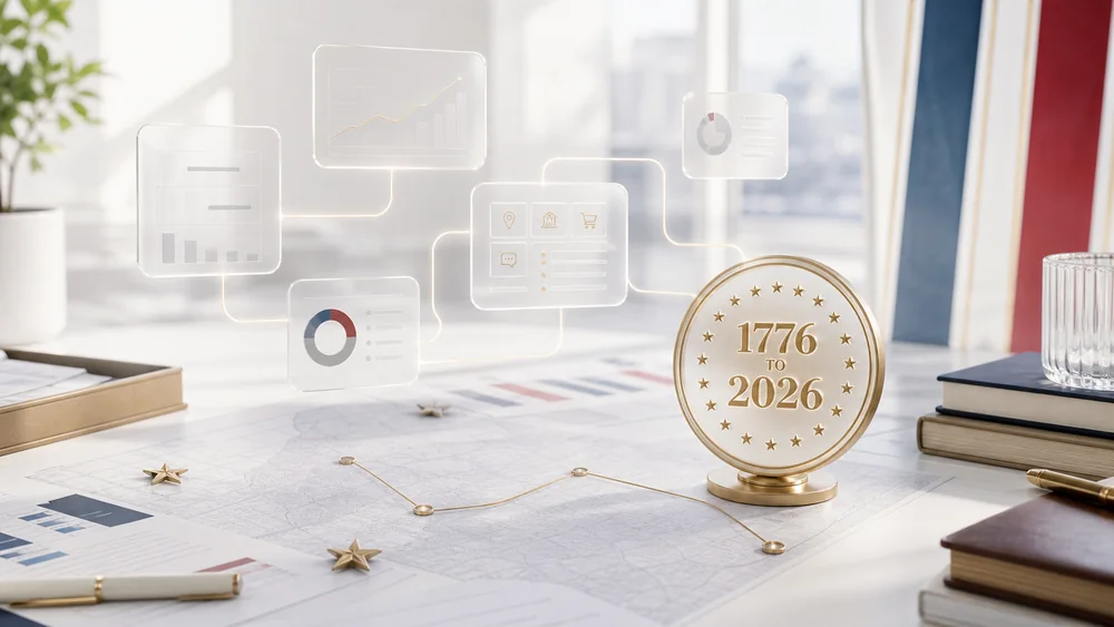 America 250 anniversary visual for Stan Consulting showing 1776 to 2026