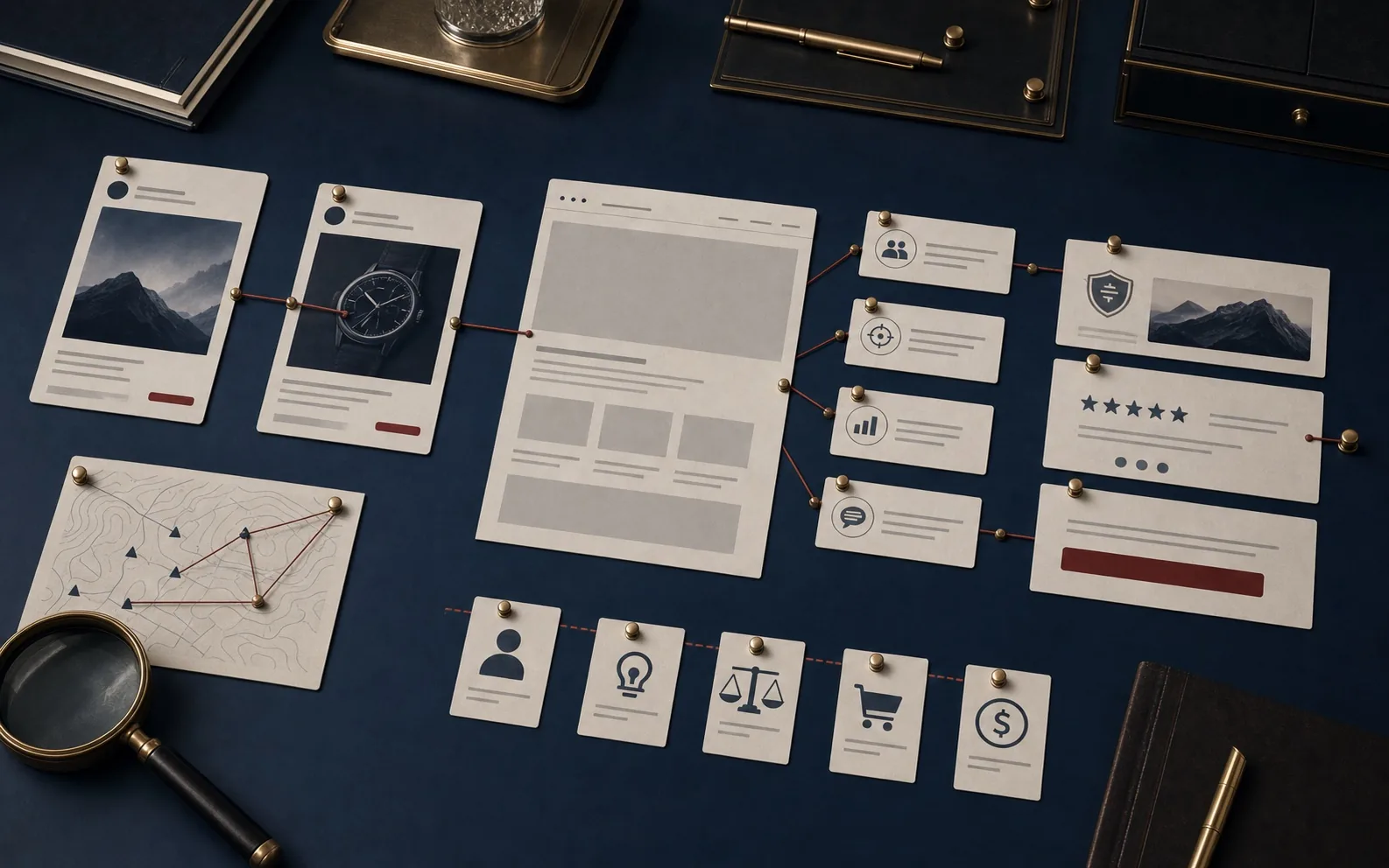 Premium marketing audit board showing abstract ad cards, a blank landing page, audience signals, and a message spine connecting creative to proof