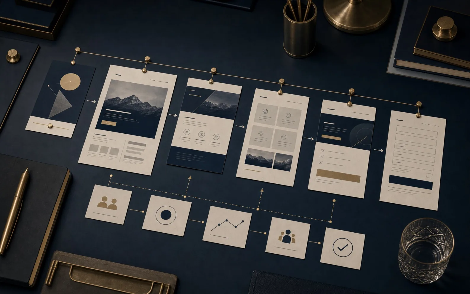 Premium marketing audit board showing ad promise, landing page first screen, proof panel, offer panel, and CTA path connected in sequence