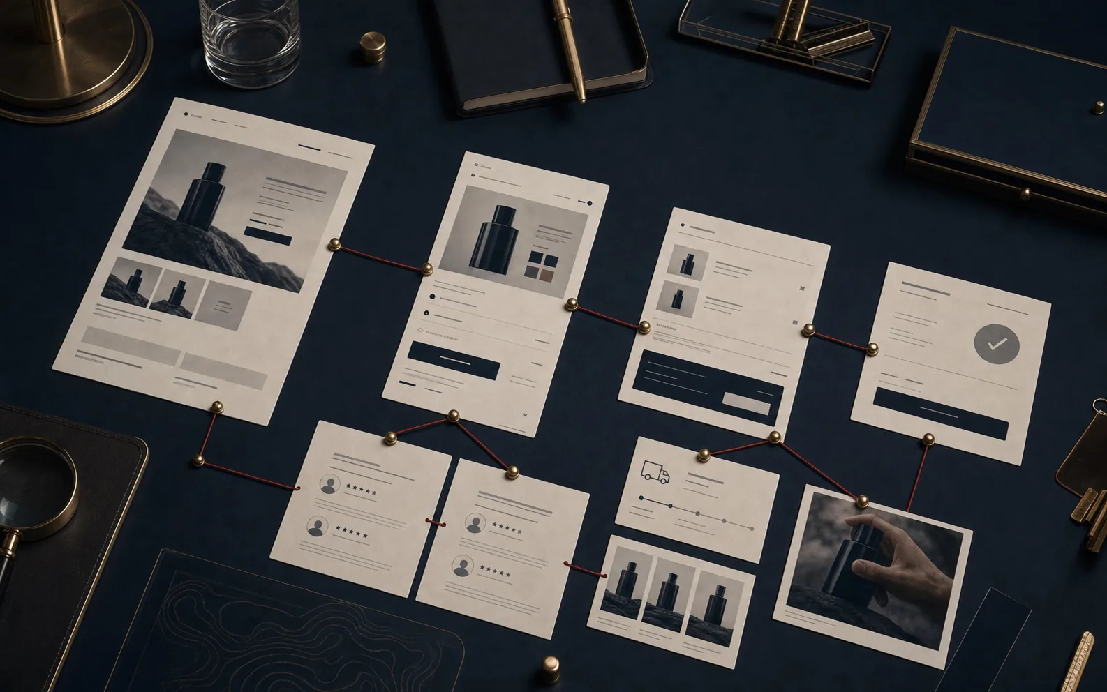 Premium marketing audit board showing Shopify product detail page cards, cart trust elements, reviews, and product story path