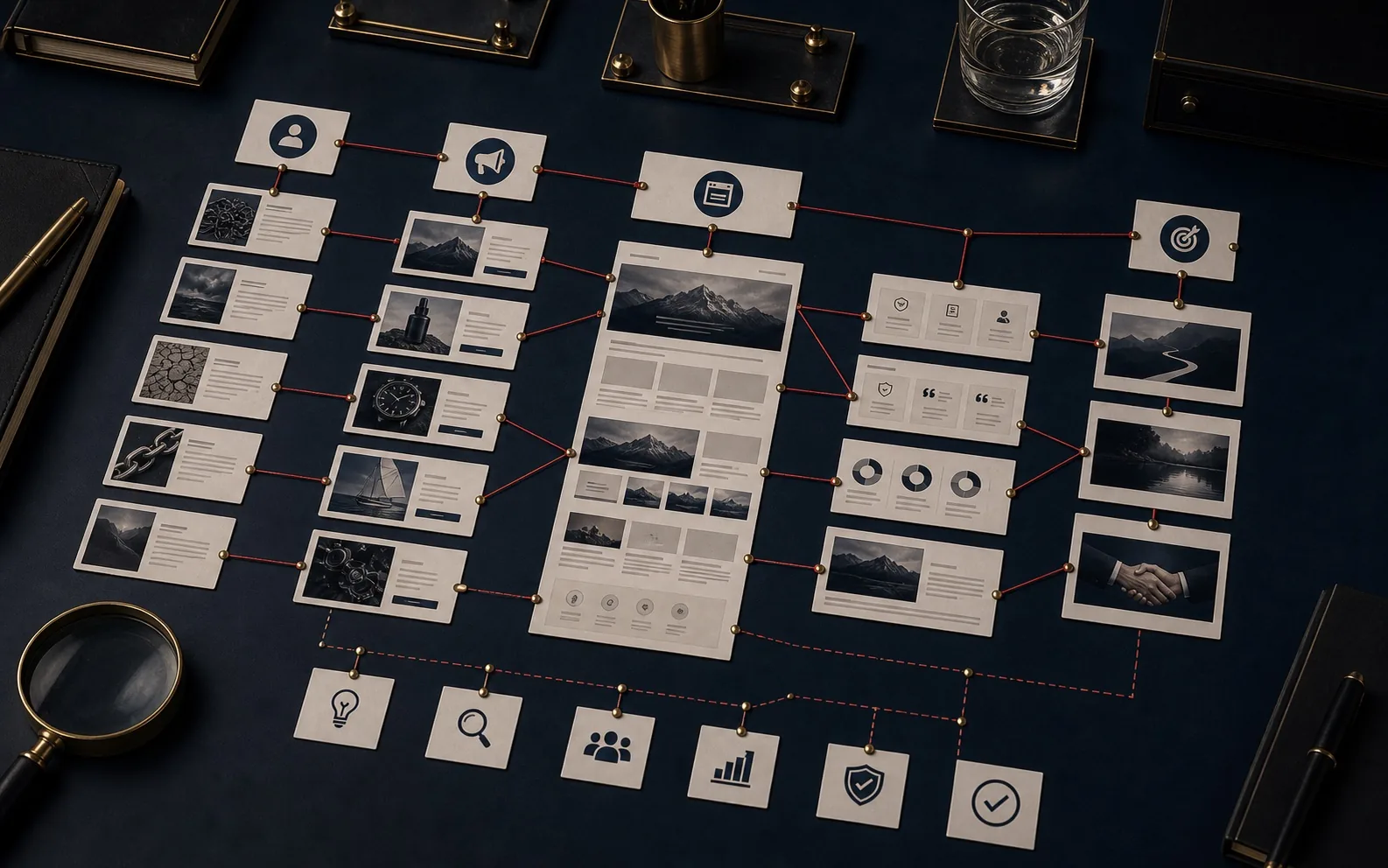 Premium marketing audit board showing buyer problem cards, ad promise cards, landing page proof cards, and service route cards in an authority graph