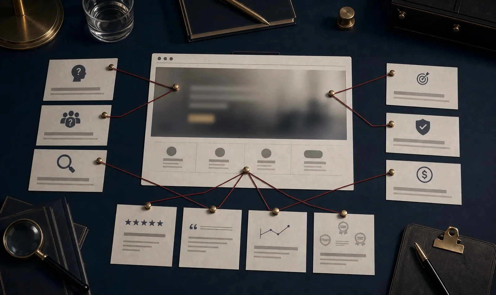 Premium marketing audit board showing a confused website message path from ad click to proof and CTA