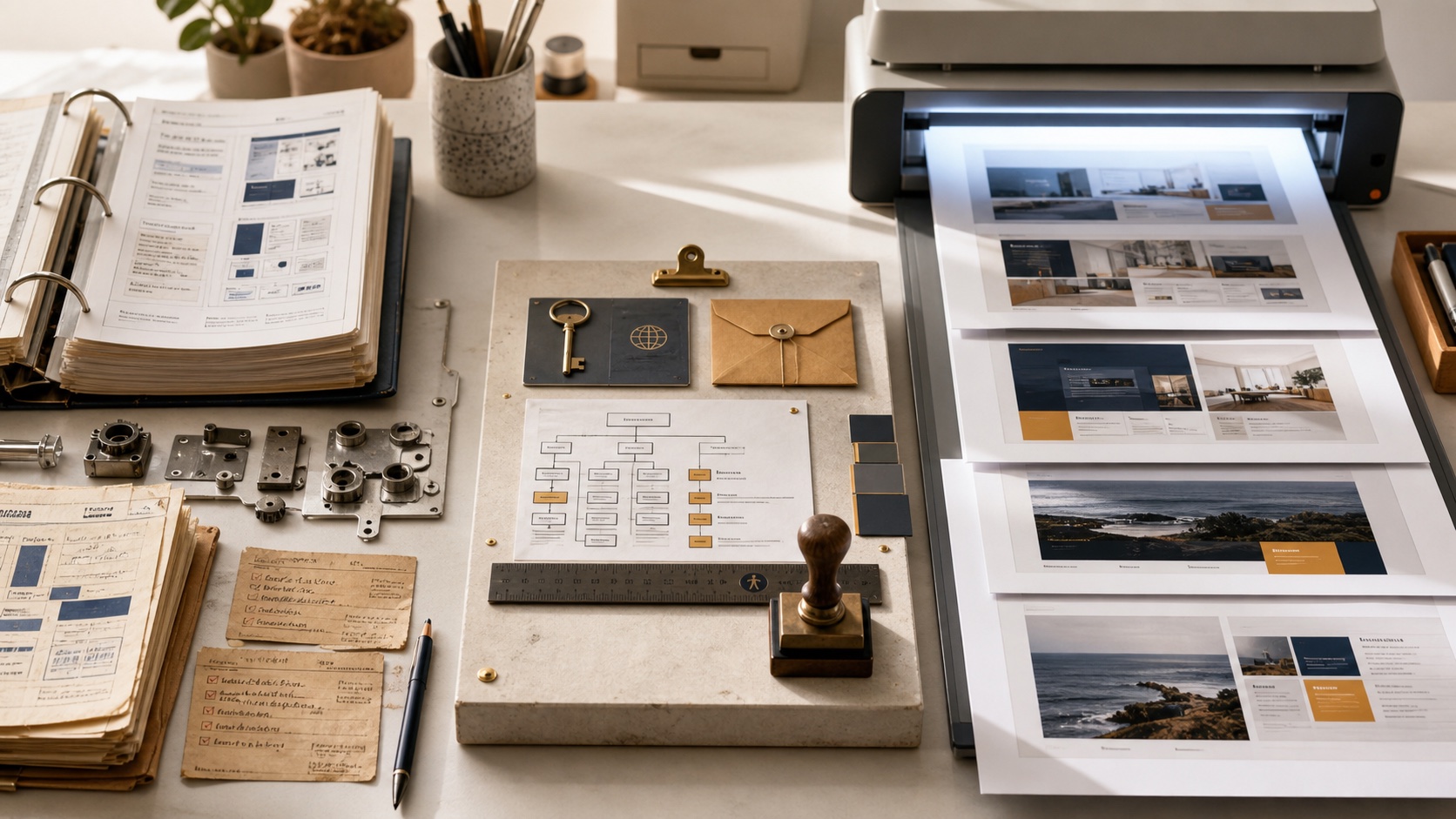 A generated website draft passing through business controls for proof, measurement, forms, and ownership