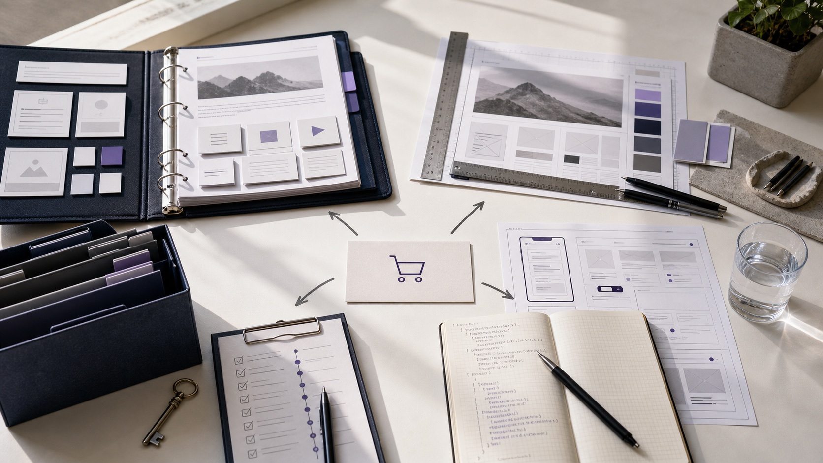Website planning materials, source files, measurements, and an ecommerce purchase path arranged around one operating decision