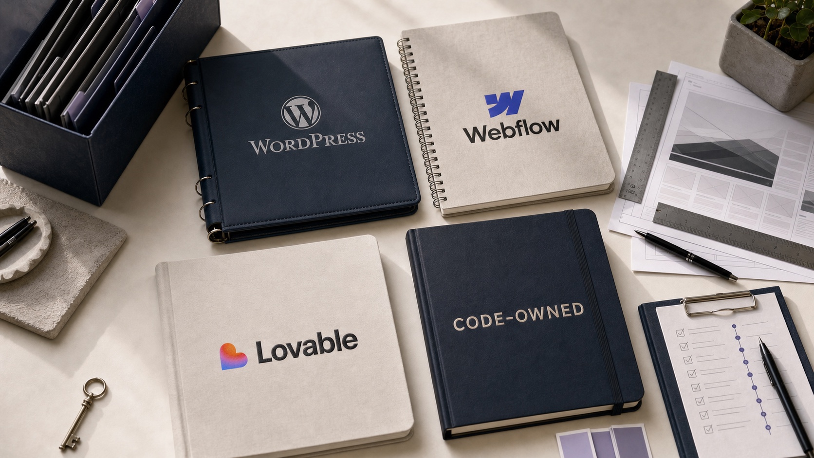 WordPress, Webflow, Lovable, and code-owned identities printed into four physical website planning books on a working desk