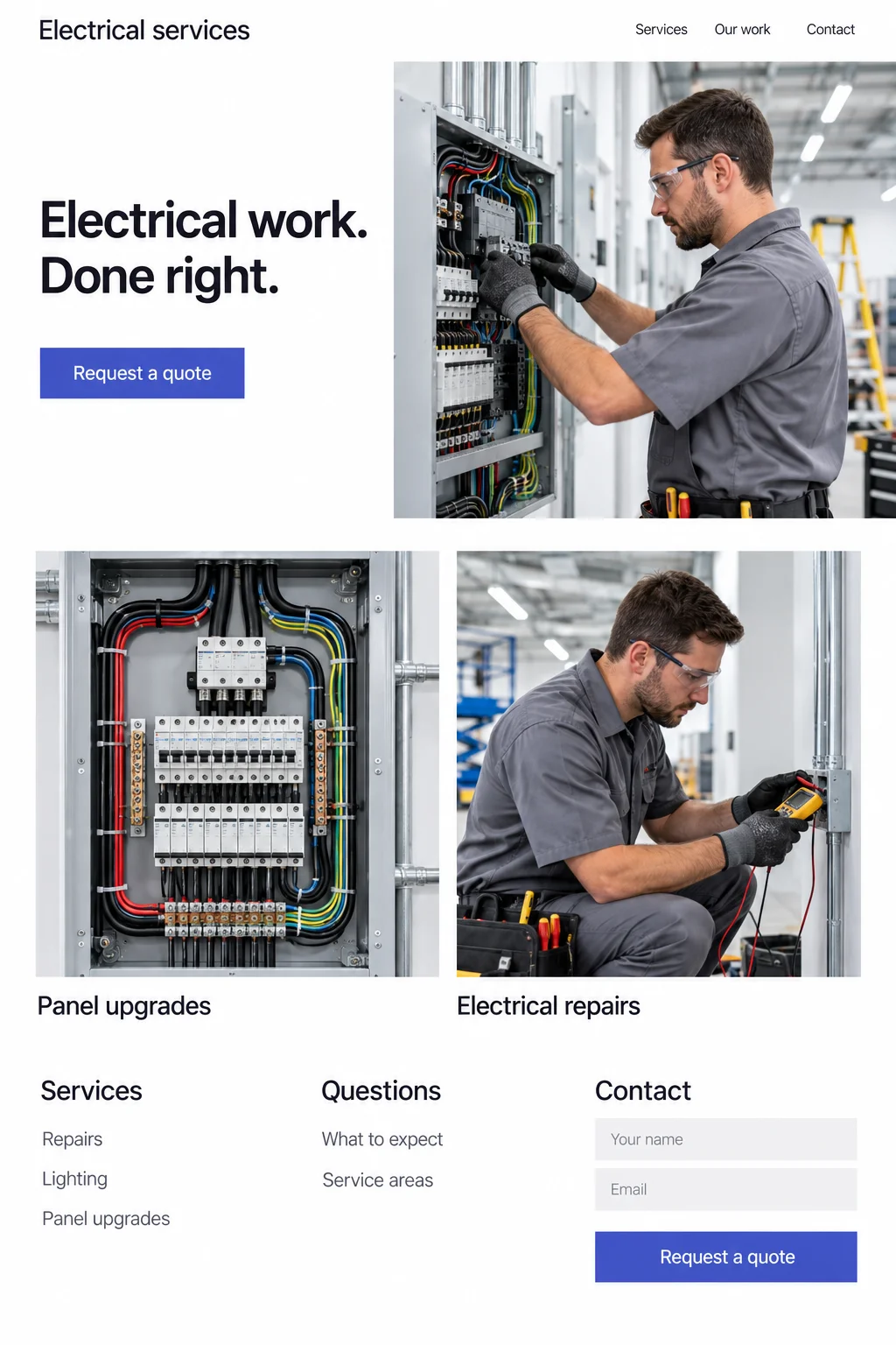 Illustrative electrician website: a clear introduction, photographs of electrical work, service information and a quote request.