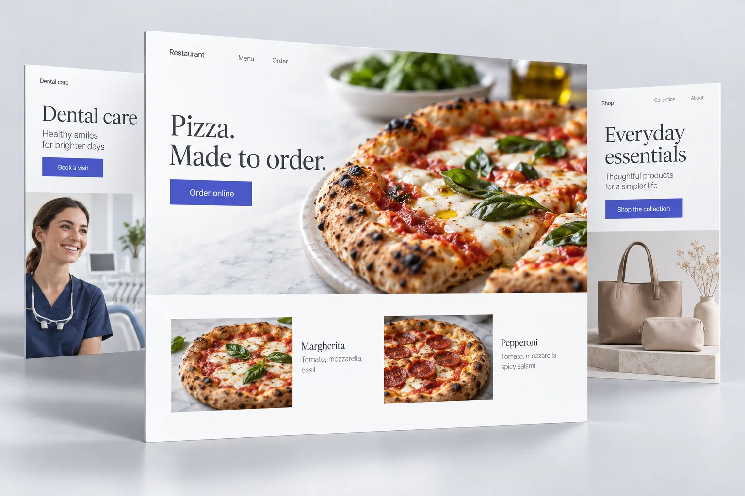 Layered website design examples for a restaurant, dental practice and online store.